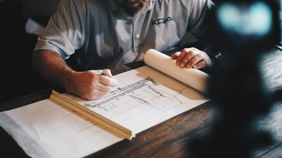Construction team reviewing project plans on site
